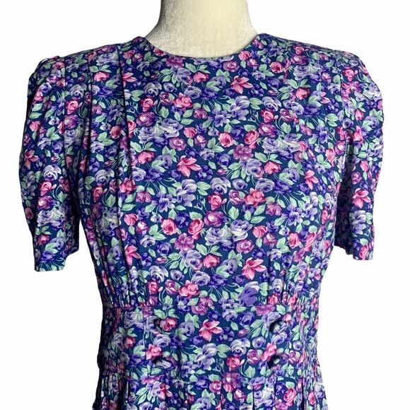 Vintage Floral Pleated Midi Dress Blue Cottagecore - Picture 2 of 10